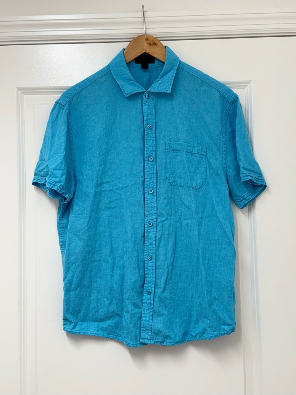 Magaschoni Man mens M Aqua short sleeve collared linen blend button down shirt
